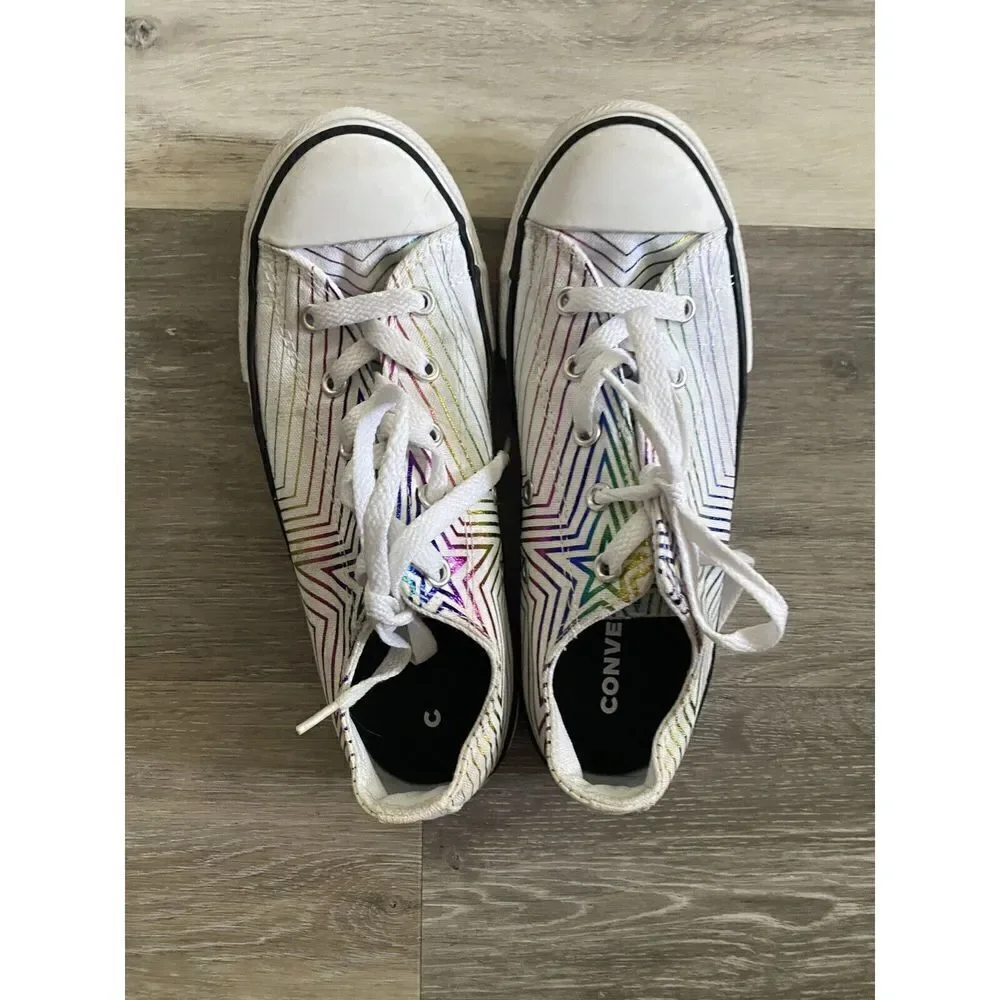 Converse Shoes Youth 3 Rainbow Star Sneakers White Canvas Low Top Casual 665398F